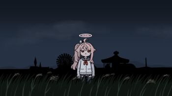 1girl ahoge arknights arms_at_sides asymmetrical_sidelocks blue_archive blue_sailor_collar blue_skirt blue_thighhighs cardigan carousel ferris_wheel field hair_flaps hair_ornament hairclip halo jitome long_hair long_sleeves looking_at_viewer miniskirt natsu_(blue_archive) neckerchief night no_pupils outdoors parody pleated_skirt red_eyes red_neckerchief sailor_collar school_uniform serafuku side_ponytail sidelocks silhouette skirt skyline solo standing thighhighs unadare white_cardigan wide_shot zettai_ryouiki