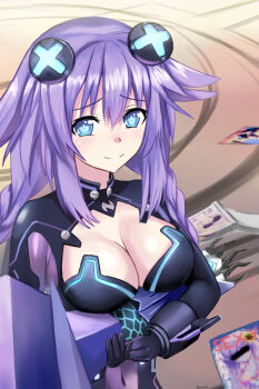 1girl black_leotard blue_eyes braid breasts brown_background cleavage large_breasts leotard long_hair neptune_(neptunia) neptune_(series) purple_hair purple_heart_(neptunia) smile solphel standing twin_braids