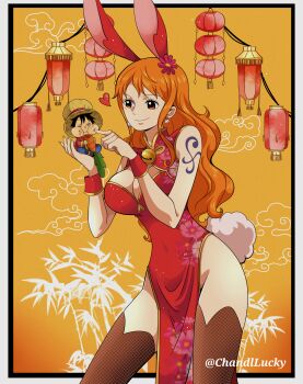 1boy 1girl absurdres alternate_costume animal_ears bare_shoulders bell black_hair breasts brown_thighhighs carrot chandllucky cheek_poking china_dress chinese_clothes chinese_zodiac cleavage cleavage_cutout closed_eyes closed_mouth clothing_cutout commentary dress earrings eating feet_out_of_frame floral_print flower food food_on_face hair_flower hair_ornament hat heart highleg highleg_dress highres holding holding_carrot in_palm jewelry large_breasts long_hair looking_at_another mini_person miniboy monkey_d._luffy nami_(one_piece) neck_bell one_piece orange_eyes orange_hair outside_border pearl_earrings pelvic_curtain poking print_dress rabbit_ears rabbit_tail red_dress red_flower shoulder_tattoo sleeveless sleeveless_dress smile straw_hat tail tattoo thighhighs twitter_username wavy_hair year_of_the_rabbit