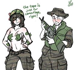 Rule 34 | 1boy, 1girl, assault rifle, black eyes, black hair, brown hair, camouflage, camouflage pants, camouflage shirt, eyepatch, girls&#039; frontline, green helmet, green pants, green shirt, gun, highres, m16, m16a1, m16a1 (girls&#039; frontline), pants, pasties, rifle, shirt, sweat, tape, tape on nipples, weapon, white background, willy pete, woodland camouflage