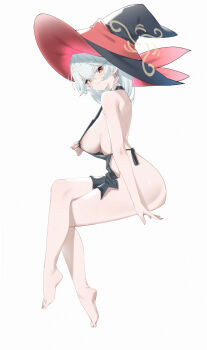 absurdres apron apron_lift bare_arms bare_legs blue_archive bow bowtie braid breasts clothes_lift eri_(blue_archive) halo hat head_tilt highres inverted_nipples long_hair looking_at_viewer naked_apron orange_eyes sideboob thighs white_hair witch_hat