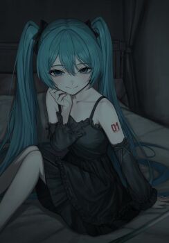 1girl alternate_costume aqua_eyes aqua_hair aqua_nails bare_legs bare_shoulders bed black_bow black_dress black_sleeves bow collarbone curtains dark detached_sleeves double-parted_bangs dress fingernails hair_between_eyes hair_bow hashtag-only_commentary hatsune_miku highres indoors long_hair looking_at_viewer nail_polish number_tattoo on_bed sakiika0513 shoulder_tattoo sitting smile tattoo twintails very_long_hair vocaloid