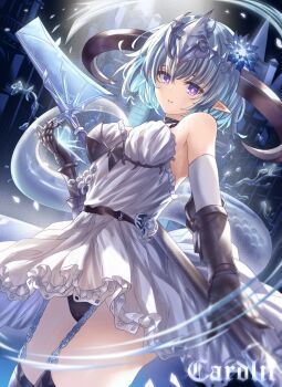 1girl aqua_hair blue_flower breasts cardlit dragon_girl dragon_horns dragon_tail dress elbow_gloves filene_(shadowverse) flower gauntlets gloves granblue_fantasy hair_flower hair_ornament headpiece highres holding holding_polearm holding_weapon horns looking_at_viewer medium_breasts medium_hair parted_lips polearm ponytail purple_eyes solo strapless strapless_dress tail weapon white_dress white_gloves