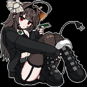 1girl ahoge animal animal_on_head animated animated_gif artist_name bandaid bandaid_on_cheek bandaid_on_face bandaid_on_knee bandaid_on_leg belt belt_boots black_boots black_border black_jacket black_skirt blinking boots border brown_hair bug cable cable_tail electric_plug electric_plug_tail full_body garter_straps hair_intakes holding hugging_own_leg insect jacket knees_up long_hair long_sleeves looking_at_viewer looping_animation lowres mechanical_tail midriff miniskirt mole mole_on_shoulder mole_under_eye moth moth_on_head navel on_head open_clothes open_jacket original outline pixel_art ram_(computer) red_eyes single_off_shoulder sitting skirt solo studded_belt tail tail_raised tail_wagging thighhighs transparent_background vickie_(cryingrobot) vickie_(cryingrobot)_(character) white_outline