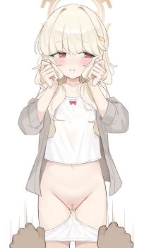 1girl absurdres aoba_(blue_archive) averting_eyes blonde_hair blue_archive blush camisole cardigan censored halo highres loli long_hair mosaic_censoring navel panties panty_pull pee_stain shengtian simple_background stained_panties underwear variant_set white_background white_camisole white_panties