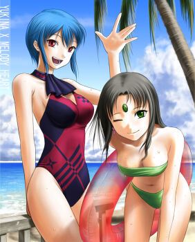 2girls bad_id bad_pixiv_id bandeau_bikini beach bent_over bikini bindi black_hair blue_hair breasts cleavage day green_eyes innertube large_breasts long_hair mamoru_mikokoro multiple_girls one-piece_swimsuit one_eye_closed outdoors red_eyes short_hair swim_ring swimsuit waving wink