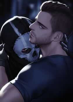 2boys bara black_gloves black_hair black_jacket black_shirt blurry blurry_background call_of_duty call_of_duty:_modern_warfare_2 closed_mouth couple facial_hair ghost_(modern_warfare_2) gloves jacket looking_at_viewer male_focus mask multiple_boys muscular muscular_male shirt short_hair skull_mask soap_(modern_warfare_2) yaoi zhyphenth