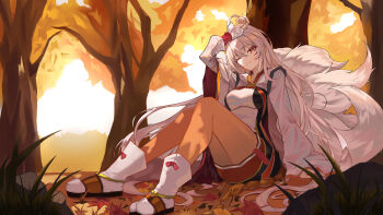 1girl autumn autumn_leaves breasts character_request commentary_request elsword forest fox_tail highres leaf leggings long_hair long_sleeves looking_at_viewer medium_breasts multiple_tails nature one_eye_closed orange_leggings red_eyes sitting solo tabi tail white_hair zeten0921