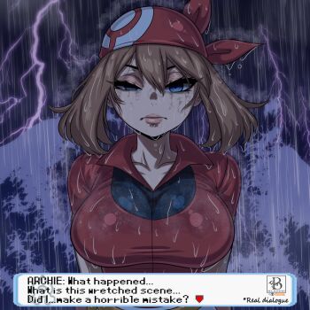 1girl absurdres bandana blannis blue_eyes breasts brown_hair chainsaw_man collarbone commentary dialogue_box english_commentary eyelashes highres jacket large_breasts may_(pokemon) nintendo pokemon pokemon_rse rain red_bandana red_jacket reze&#039;s_eye_twitch_(chainsaw_man) solo thunder upper_body water