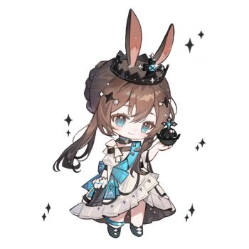 1girl amiya_(ambience_synesthesia_2022)_(arknights) amiya_(arknights) animal_ear_fluff animal_ears argyle_clothes argyle_footwear arknights ball black_boots black_collar black_crown blue_eyes blue_sash boots bow braid braided_bun brown_hair chibi chinese_commentary closed_mouth collar commentary_request cross cross_print crown detached_collar dress eyelashes four-pointed_star frilled_dress frills glint gloves hair_between_eyes hair_bun hair_ornament hairclip hexagram holding holding_ball juliet_sleeves light_blush light_particles long_dress long_sidelocks long_sleeves off-shoulder_dress off_shoulder print_dress puffy_sleeves rabbit_ears rabbit_girl sash short_hair_with_long_locks shoulder_bow sidelocks simple_background single_ankle_cuff single_glove single_hair_bun smile solo sparkle standing star_(symbol) star_hair_ornament updo waist_sash white_background white_bow white_dress white_gloves wide_sleeves yanshuangjun