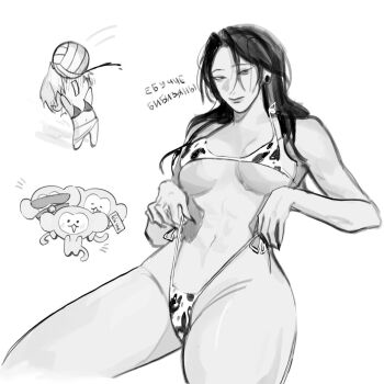 1girl animal_print ball bikini black_hair breasts closed_mouth cow_print cow_print_bikini earrings feet_out_of_frame genderswap genderswap_(mtf) getou_suguru greyscale groin highleg highleg_bikini highres in_the_face jewelry jujutsu_kaisen long_hair medium_breasts monkey monochrome navel playing_sports print_bikini russian_text seceelrq solo stomach strap_pull stud_earrings swimsuit translation_request volleyball volleyball_(object) white_background