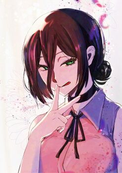 1girl black_choker black_ribbon chainsaw_man choker collared_shirt floral_background green_eyes hair_between_eyes hair_bun highres looking_at_viewer medium_hair neck_ribbon okamoto_setsura pink_shirt purple_hair reze_(chainsaw_man) ribbon shirt sleeveless sleeveless_shirt solo tongue tongue_out v
