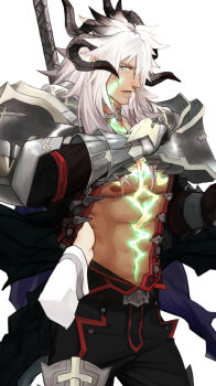 1boy abs armor bara cape dark-skinned_male dark_skin dragon_boy dragon_horns fate/apocrypha fate/grand_order fate_(series) from_side gauntlets gloves green_eyes groping horns large_pectorals long_hair looking_at_viewer male_focus muscular nipples open_clothes open_mouth pants pectorals platinum_blonde_hair q307011598 scar siegfried_(fate) solo tight_clothes weapon white_background white_hair