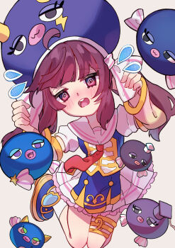 1girl @_@ absurdres ahoge bass_clef blue_hat blunt_bangs blush comedic_sweatdrop cosplay detached_sleeves dress eel_hat embarrassed frilled_dress frills hat hat_ribbon highres irodorikaeru jewelry jumping large_hat medium_hair mortarboard musical_note necktie open_mouth otomachi_una otomachi_una_(cosplay) puffy_short_sleeves puffy_sleeves purple_hair raised_inner_eyebrows red_necktie ribbon sailor_collar shoes short_sleeves sidelocks simple_background socks thighlet touhoku_kiritan twintails upper_body vocaloid voiceroid white_background white_socks