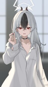 Rule 34 | 1girl, black choker, black hair, blue archive, blurry, blurry background, chocolate, choker, collarbone, commentary request, dress shirt, ear piercing, food, hair between eyes, halo, hand up, highres, holding, holding chocolate, holding food, kayoko (blue archive), long hair, looking at viewer, mole, mole on collarbone, multicolored hair, open mouth, oversized clothes, oversized shirt, piercing, red eyes, revebw, shirt, solo, straight-on, two-tone hair, upper body, white hair, white halo, white shirt, window