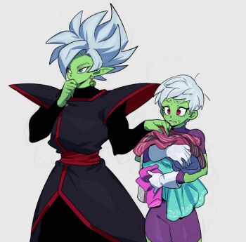 1boy 1girl bodysuit cheelai colored_skin commentary dragon_ball dragon_ball_super dragon_ball_super_broly earrings fused_zamasu gloves green_skin grey_eyes jewelry kaioushin long_sleeves nanika_(nnkgh) pointy_ears potara_earrings purple_bodysuit purple_eyes short_hair simple_background spiked_hair symbol-only_commentary white_gloves white_hair
