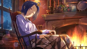 1girl ahoge blanket blue_hair breasts chair closed_eyes commentary_request fireplace game_cg idolmaster idolmaster_(classic) idolmaster_million_live! idolmaster_million_live!_theater_days indoors jacket long_sleeves miura_azusa night official_art on_chair purple_jacket short_hair sitting sleeping solo third-party_source window winter