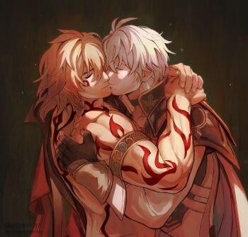 Rule 34 | 2boys, absurdres, antenna hair, arm tattoo, armlet, armor, black choker, black coat, black gloves, black shirt, blonde hair, braid, cape, choker, closed eyes, coat, commentary, english commentary, facial tattoo, fingerless gloves, gloves, gothcowboyz, gradient hair, highres, honkai: star rail, honkai (series), jewelry, male focus, medium hair, multicolored hair, multiple boys, mydei (honkai: star rail), neck tattoo, open clothes, open coat, parted bangs, pauldrons, phainon (honkai: star rail), red cape, red hair, red tattoo, shirt, short hair, shoulder armor, side braid, side cape, single pauldron, sun symbol, sun tattoo, tan, tattoo, white coat, white hair, yaoi