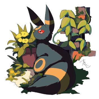 black_fur brick colored_sclera commentary_request gen_2_pokemon highres leaf nintendo no_humans plant pokemon pokemon_(creature) pokemon_focus pokemon_gsc potted_plant red_eyes red_sclera sitting supiraji_penpen tail umbreon white_background yellow_fur