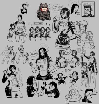 1boy ? adler_(signalis) ara_(signalis) ariane_yeong armor ball basketball basketball_(object) bigmsaxon black_hair book bookshelf can-can clone crying_with_eyes_closed cyborg dancing elster_(signalis) english_text eule_(signalis) falke_(signalis) glasses halo heart highres holding holding_ball hugging_another's_leg kicking_legs kolibri_(signalis) military military_uniform multiple_girls music musical_note mynad_(signalis) playing_sports pointing pointing_at_self radio radio_frequency replika robot_girl short_hair short_male signalis sketch sleeping sleeping_upright smile star_(signalis) storch_(signalis) tall_female