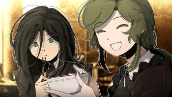 Rule 34 | 2girls, :t, apron, aqua eyes, black apron, black hair, bowl, brown shirt, closed eyes, collared shirt, eating, facing viewer, food, food on face, fork, game cg, green hair, grin, hair between eyes, holding, holding bowl, holding fork, ira grachevskaya, juliet sleeves, long sleeves, low ponytail, marina kaplan, multiple girls, non-web source, nopanamaman, official art, ponytail, puffy sleeves, school uniform, self-datamine, shirt, sidelocks, smile, soviet school uniform, swept bangs, variant set, z.a.t.o. // i love the world and everything in it