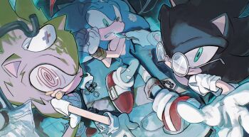 bandages bed blood blush bound bound_wrists chained_legs dark_sonic fleetway_super_sonic hashtag-only_commentary highres holding holding_scalpel hospital_bed nervous_sweating nurse round_eyewear scalpel sonic_(series) sonic_the_hedgehog super_sonic sweat syringe xxxxx0099e