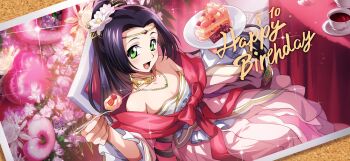 1girl birthday birthday_cake black_hair blush breasts cake cake_slice code_geass code_geass:_lost_stories cup f4samurai food game_cg green_eyes happy happy_birthday highres long_hair looking_at_viewer official_art open_mouth photo_(object) smile solo sumeragi_kaguya tagme teacup