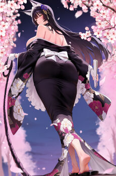 1girl absurdres animal_ears ass azur_lane bare_shoulders blush cherry_blossoms commentary floral_print flower folding_fan fox_ears fox_girl from_behind full_body gloves hair_ornament hand_fan highres holding holding_fan holding_rope japanese_clothes kiek_qaq long_hair long_sleeves looking_at_viewer looking_back md5_mismatch musashi_(azur_lane) musashi_(violet_moonglow)_(azur_lane) nail_polish off_shoulder official_alternate_costume purple_hair purple_nails resolution_mismatch rope sandals smile soles solo source_smaller standing white_gloves wide_sleeves yellow_eyes