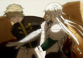 2boys armor bedivere_(fate) blonde_hair blurry blurry_background braid faceless faceless_male fate/grand_order fate_(series) gawain_(fate) hair_tubes highres hitting long_hair long_sleeves low_twintails male_focus meme motion_blur multiple_boys prosthesis prosthetic_arm shirt shokansen short_hair slapping twintails will_smith_slapping_chris_rock_(meme)