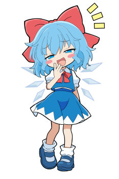 +++ 1girl blue_eyes blue_hair blue_shoes blush_stickers bow bowtie cato_(monocatienus) chibi chibi_only cirno collared_shirt commentary_request detached_wings full_body hair_bow highres ice ice_wings looking_at_viewer mary_janes mesugaki_pose notice_lines open_mouth puffy_short_sleeves puffy_sleeves red_bow red_bowtie shirt shoes short_sleeves simple_background smile socks solo touhou white_background white_shirt white_socks wings