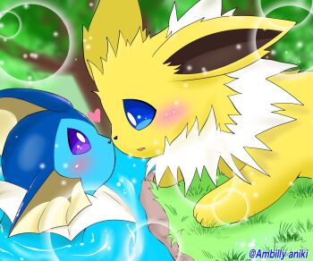 ambilly_aniki artist_name blue_eyes blush couple english_text fins furry gen_1_pokemon head_fins heart highres jolteon lake looking_at_another nintendo no_humans noses_touching open_mouth pokemon pokemon_(creature) pokemon_focus purple_eyes vaporeon