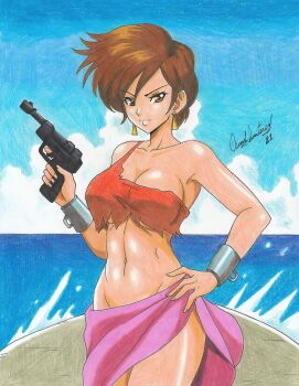 1girl absurdres breasts brown_eyes brown_hair cleavage crop_top earrings gun hand_on_own_hip highres holding holding_gun holding_weapon jewelry looking_at_viewer lupin_iii mine_fujiko pink_sarong ravernclouk_design sarong shirt short_hair smile solo torn_clothes torn_shirt water weapon wristband