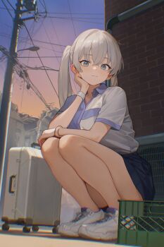 1girl absurdres blue_eyes blue_shirt blue_skirt box bracelet brick_wall character_request collared_shirt crate crossed_bangs dusk full_body grey_hair hair_between_eyes hand_on_own_chin highres jaejae jewelry looking_at_viewer pleated_skirt power_lines rolling_suitcase shirt shoes skirt sky sneakers solo squatting suitcase thighs twintails utility_pole white_shirt white_shoes