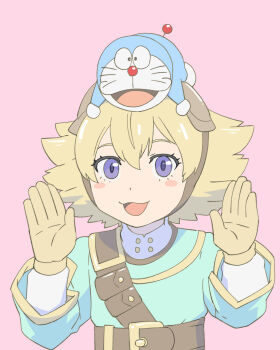 Rule 34 | :d, animal, animal on head, ars no kyojuu, belt, blonde hair, blush stickers, crossover, doraemon, doraemon (character), gloves, hair between eyes, hands up, highres, medium hair, myaa (ars no kyojuu), on head, open mouth, pink background, purple eyes, simple background, smile, ueyama michirou, upper body