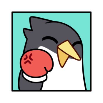^_^ anger_vein animal_focus aqua_background bird border boxing_gloves closed_eyes commentary english_commentary inset_border no_humans official_art open_mouth penguin solo stella_sora white_border