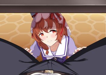 1girl animal_ears blush breasts brown_hair bulge erection erection_under_clothes floor highres horse_ears horse_girl kara_(nekode_aru) long_hair pants pov red_eyes school_uniform small_breasts smile solo still_in_love_(umamusume) table tracen_school_uniform umamusume under_table veil