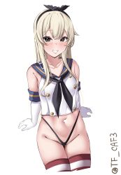 Rule 34 | 1girl, anchor hair ornament, black panties, blonde hair, blush, elbow gloves, gloves, hair ornament, hairband, highres, kantai collection, long hair, looking at viewer, no pants, panties, sailor collar, school uniform, serafuku, shimakaze (kancolle), sitting, skirt, smile, striped clothes, striped thighhighs, tf cafe, thighhighs, twitter username, underwear, white background, white gloves