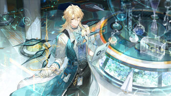 1boy absurdres aqua_shirt black_pants blonde_hair chinese_commentary closed_mouth coat commentary_request gloves gradient_clothes gradient_shirt hair_between_eyes highres holding holding_tablet_pc hologram holographic_interface id_card indoors luuk_herssen_(wuthering_waves) male_focus pants red_eyes shirt sideways_glance smile solo tablet_pc tacet_mark_(wuthering_waves) white_coat white_gloves wuthering_waves xiandao1213