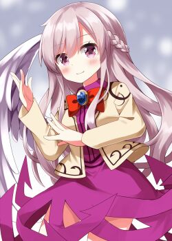 Rule 34 | 1girl, blue background, blush, bow, bowtie, closed mouth, commentary request, cowboy shot, dress, feathered wings, grey hair, hand up, highres, jacket, kishin sagume, long hair, long sleeves, looking at viewer, open clothes, open jacket, pink dress, pink eyes, red bow, red bowtie, ruu (tksymkw), single wing, smile, solo, touhou, wings, yellow jacket