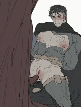2boys absurdres arms_behind_back batman batman_(series) belt black_cape black_hair blush boots cape clenched_teeth clitoral_hood clitoris commentary cuntboy cuntboy_with_male dc_comics domination english_commentary grey_hair highres large_pectorals long_sleeves male_focus multicolored_hair multiple_boys pectorals pereg1ne pouch puffy_nipples pussy red_cape scar scar_on_chest scar_on_hip shirt short_hair small_sweatdrop spread_legs streaked_hair superman superman_(series) sweat teeth thigh_belt thigh_pouch thigh_strap torn_clothes torn_shirt uncensored white_background yaoi