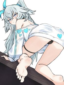 ass barefoot black_panties blue-framed_eyewear blue_nails blue_ribbon choker chopingme feet florence_(girls'_frontline_2) girls'_frontline girls'_frontline_2:_exilium hashtag-only_commentary heart heart_choker kneeling legs looking_at_viewer nightgown off-shoulder_shirt off_shoulder pa-15_(girls'_frontline) pa-15_(marvelous_yam_pastry)_(girls'_frontline) panties ribbon see-through_clothes see-through_shirt see-through_sweater shirt underwear white_hair white_nightgown