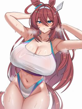 1girl animal_ears armpits arms_behind_head bikini blue_eyes blush breasts commentary_request hair_between_eyes hairband highleg highleg_bikini highres horse_ears horse_girl horse_tail huge_breasts lengkuass long_hair looking_at_viewer mihono_bourbon_(umamusume) navel parted_lips red_hair sidelocks solo stomach sweat swimsuit tail umamusume white_bikini white_hairband