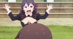 &gt;_&lt; 1boy 3girls animated anime_screenshot blush breasts brown_hair choker clenched_teeth collarbone damnshe_thicc fighting hair_ornament kono_subarashii_sekai_ni_shukufuku_wo! large_breasts loli long_hair medium_breasts megumin multiple_girls nipples no_bra nude_filter outdoors pulling_another&#039;s_clothes satou_kazuma small_breasts sound teeth third-party_edit undressing_another video wiz_(konosuba) yunyun_(konosuba)