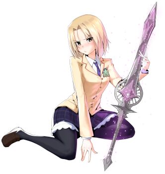 Rule 34 | 1girl, between legs, black pantyhose, blazer, blonde hair, blush, breasts, brown eyes, chaos;head, commission, commissioner upload, d-sword, embarrassed, glowing, glowing sword, glowing weapon, hand between legs, highres, holding, holding sword, holding weapon, jacket, kneeling, lapels, looking at viewer, necktie, nishijou matriarch, non-web source, notched lapels, optaku, pantyhose, petticoat, plaid clothes, plaid necktie, plaid skirt, pleated skirt, purple necktie, school uniform, science adventure, short hair, skirt, small breasts, solo, suimei academy school uniform, sword, transparent background, v-shaped eyebrows, weapon