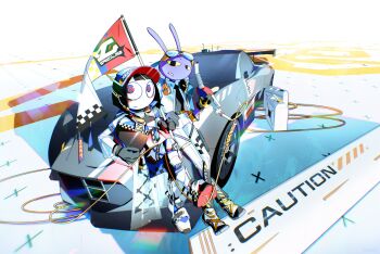 Rule 34 | 1boy, 1girl, absurdres, animal ears, asymmetrical gloves, black gloves, black hair, black shoes, blue eyes, blush, car, caution, closed mouth, colored shoe soles, colored skin, crossed legs, external fuel tank, eyewear on head, flag, full body, gas pump nozzle, gloves, grey car, grey gloves, hand on own hip, hashtag-only commentary, hat, helmet, highres, holding, holding flag, holding nose, holding unworn helmet, hose, inil, jacket, jax (the amazing digital circus), leaning back, looking at viewer, looking to the side, motor vehicle, multicolored eyes, on car, pants, pomni (the amazing digital circus), purple skin, rabbit boy, rabbit ears, racing, red eyes, red flag, shoes, short hair, simple background, sitting, teeth, the amazing digital circus, two-tone eyes, unworn headwear, unworn helmet, white background, white jacket, white pants, white shoes, white skin, yellow eyes, yellow gloves