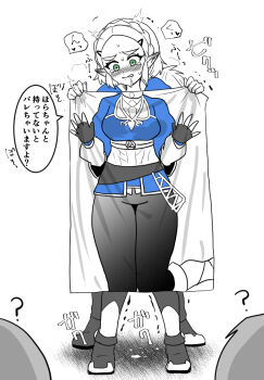 1boy 1girl ? behind_another black_pants blue_shirt blush boots braid commentary_request crown_braid green_eyes greyscale hetero highres holding implied_sex link monochrome nintendo pants princess_zelda shirt short_hair speech_bubble spot_color standing suggestive_fluid the_legend_of_zelda the_legend_of_zelda:_tears_of_the_kingdom translation_request trembling triforce wasabi_(legemd) white_background