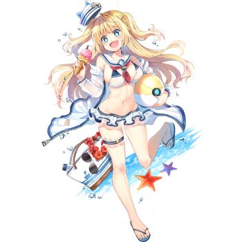 1girl anchor_print animal_ears animal_print aqua_eyes aqua_sandals artist_request badge ball bare_legs bare_shoulders barefoot beachball belt bikini blonde_hair blush boat_print button_badge cat cat_ears cat_print coat collarbone dripping fang final_gear flower food frilled_thigh_strap full_body glowing hair_intakes hat hat_with_ears hibiscus highres hip_bones holding holding_ball holding_beachball holding_ice_cream_cone horizontal-striped_belt horizontal-striped_bikini horizontal-striped_headwear ice_cream ice_cream_cone long_hair loose_hair_strand lotion midriff multicolored_bikini navel neckerchief ocean official_art open_mouth pocket red_neckerchief sailor_collar sailor_hat sandals see-through_clothes see-through_coat see-through_sleeves shyaditty_(final_gear) simple_background skin_fang sleeve_cuffs solo star_(symbol) star_in_eye striped_collar sunscreen swimsuit symbol_in_eye tachi-e thigh_belt thigh_strap third-party_source toenails tongue transparent_background twintails two-tone_bag two-tone_belt two-tone_bikini two-tone_collar two-tone_hat two_side_up very_long_hair wafer_stick water water_drop white_bag white_bikini white_coat white_sailor_collar yellow_cat zipper zipper_pull_tab