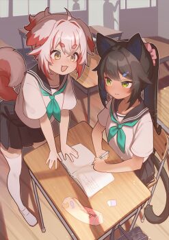2girls :3 :d absurdres ahoge akuma_(st.takuma) animal_ears bag bare_arms black_sailor_collar black_skirt cat_ears cat_girl cat_tail chair classroom commentary_request desk dog_ears dog_girl dog_tail eraser fish_hair_ornament green_eyes green_neckerchief hair_ornament hair_scrunchie hairclip highres holding holding_pen indoors leaning_forward long_hair multicolored_hair multiple_girls neckerchief notebook open_mouth original pen pencil_case pink_hair pink_scrunchie pleated_skirt ponytail red_hair sailor_collar school_bag school_chair school_desk school_uniform scrunchie serafuku shirt short_sleeves silhouette sitting skirt smile standing tail thighhighs two-tone_hair white_shirt white_thighhighs writing yellow_eyes zettai_ryouiki