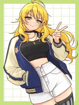 1girl 82k_mugi black_choker blonde_hair border breasts choker closed_mouth commentary cowboy_shot earrings green_border green_eyes hand_in_pocket hand_up highres hoshii_miki idolmaster idolmaster_(classic) idolmaster_million_live! idolmaster_million_live!_theater_days jacket jewelry letterman_jacket long_hair long_sleeves necklace official_alternate_costume open_clothes open_jacket outside_border shorts smile solo standing striped_clothes striped_thighhighs sukajan_gyarus_(idolmaster) symbol-only_commentary thighhighs v vertical-striped_clothes vertical-striped_thighhighs white_shorts