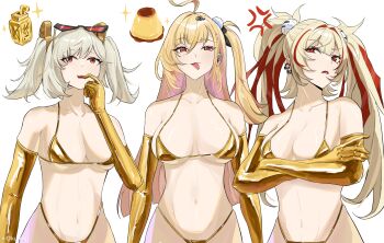 Rule 34 | 3girls, absurdres, ahoge, anger vein, bare shoulders, bikini, blonde hair, breasts, burnice white, cissia (zenless zone zero), claret (zenless zone zero), commentary, crossed arms, drink carton, elbow gloves, english commentary, eyewear on head, food, gloves, gold bikini, gold gloves, highres, juice box, large breasts, long hair, looking at viewer, multicolored hair, multiple girls, navel, okutogi, pudding, red eyes, red hair, short hair, simple background, stomach, sunglasses, swimsuit, tongue, tongue out, twintails, two-tone hair, very long hair, white background, zenless zone zero